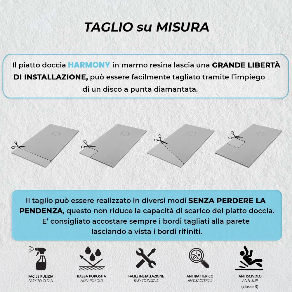 Piatto doccia 70x120 in marmoresina cemento con griglia in acciaio inox Harmony