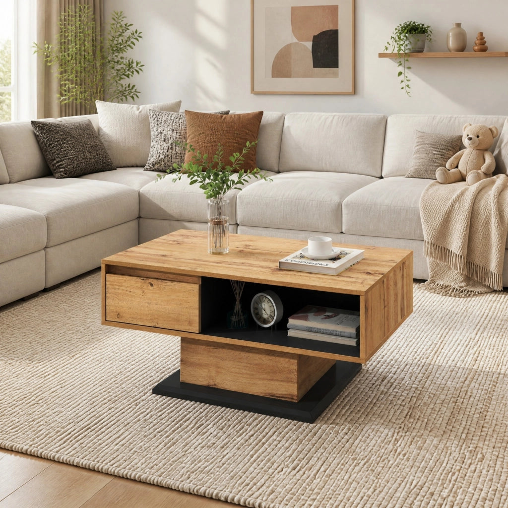 Tavolino da caffè effetto rovere con cassetto e vani portaoggetti, 100 x 47 x 60 cm