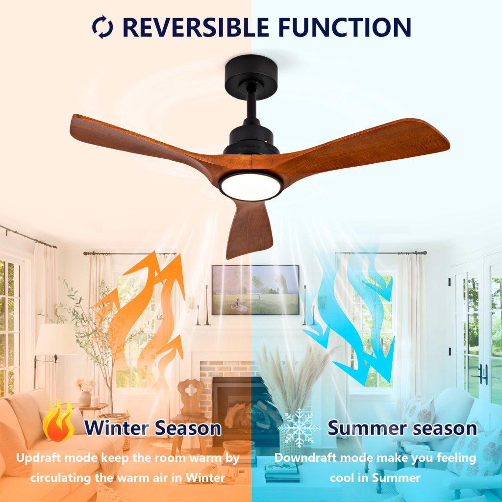 Ventilatore da soffitto 42 pollici con luce LED; 3 pale in legno noce scuro; motore DC reversibile nero 6 velocità