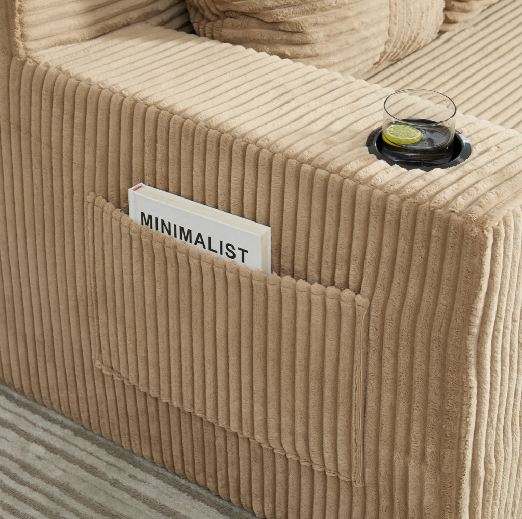 DIVANO Pouf 151x133x64 cm in Velluto a Coste Khaki con Tasche Laterali