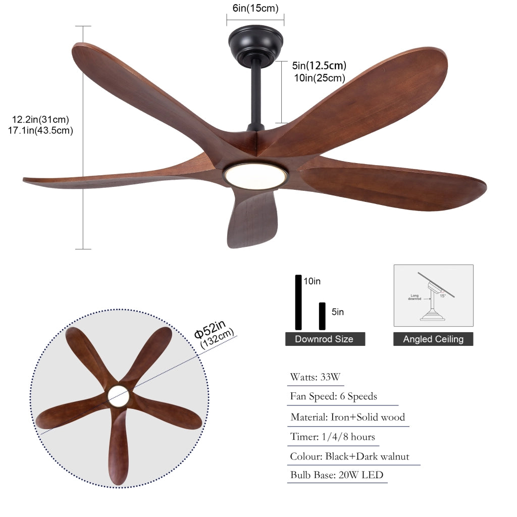 Ventilatore da soffitto con luce 5 pale in legno noce e nero motore DC 6 velocità timer e telecomando