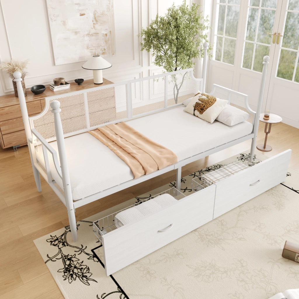 Letto divano singolo 90 × 200 cm con 2 cassetti; senza materasso; in metallo bianco dallo stile vintage