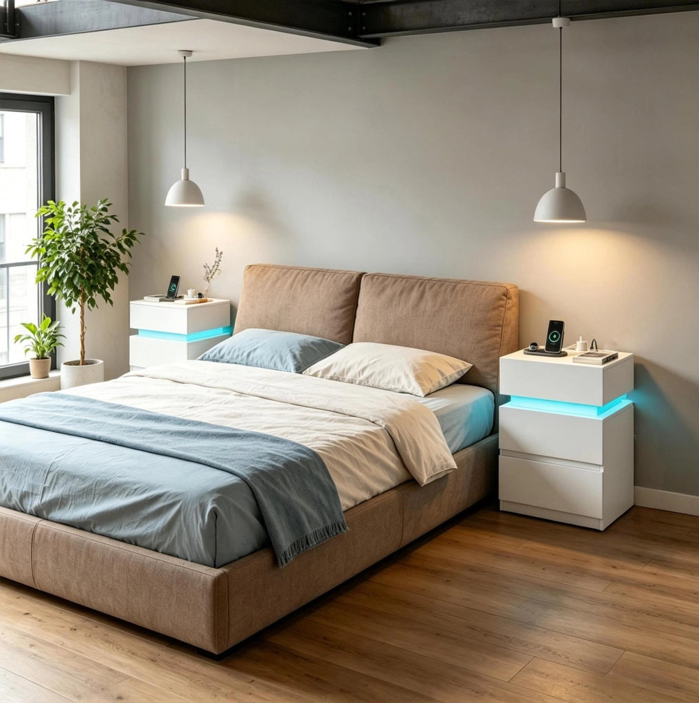 Set di 2 Comodini Bianchi con Luce LED Regolabile e Stazione di Ricarica Integrata