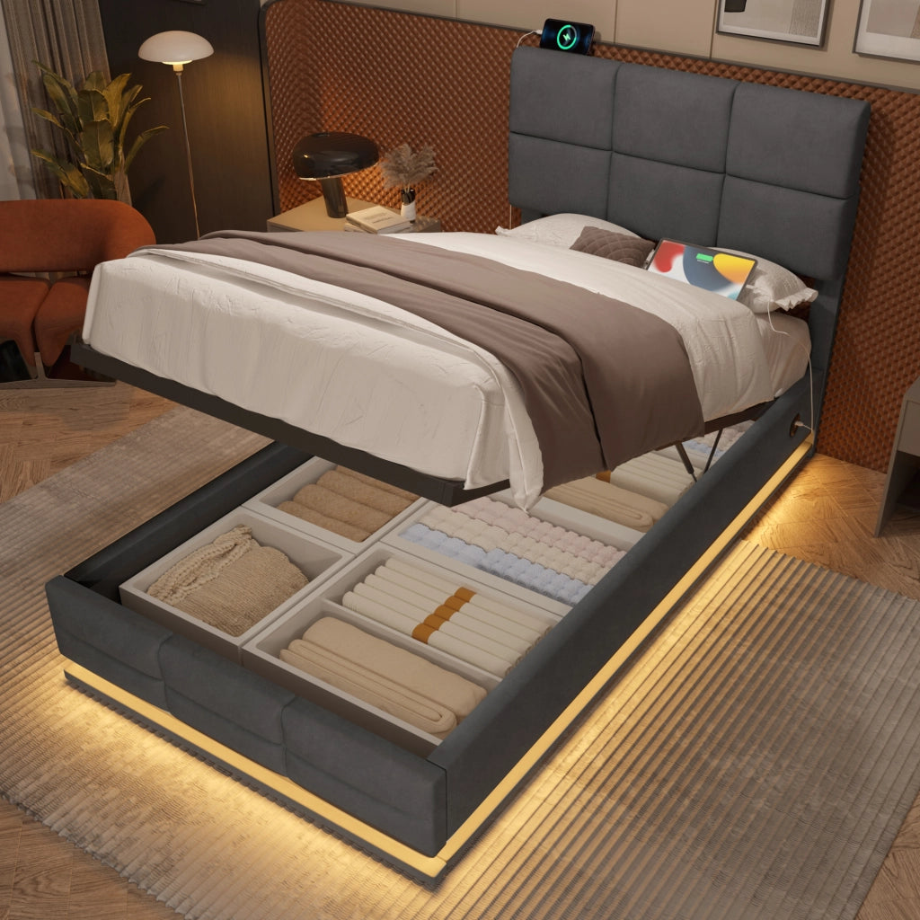 Letto 90x200 cm con contenitore idraulico, LED e USB in velluto grigio scuro