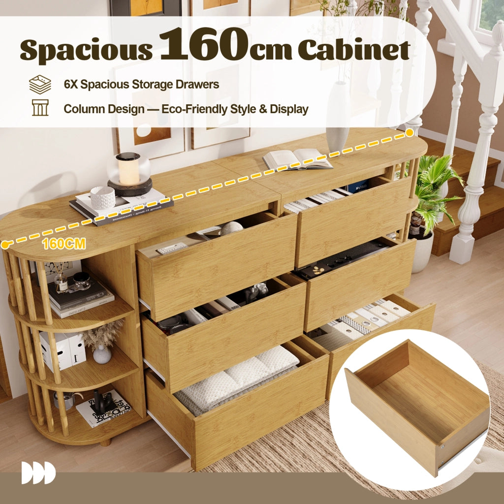 Credenza con 6 cassetti e ripiani in bambù stile romano rétro in MDF e bambù color rovere 160 × 40 × 75 cm
