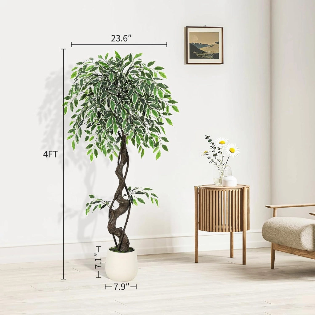 Ficus Artificiale 120 cm con Vaso in Ceramica Bianca Ciottoli e Muschio Verde