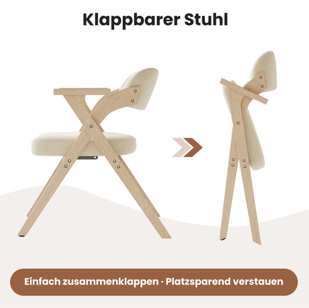 Set di 2 sedie da pranzo pieghevoli in legno massello e lino beige con braccioli
