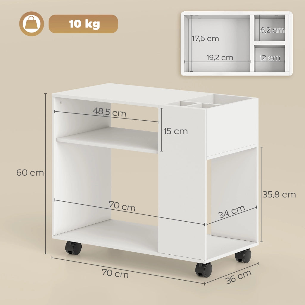 Scrivania per Computer con Ruote e Ripiani ¨C Zephmum ¨C Bianco 70x36x60 cm