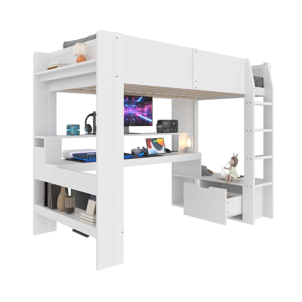 Letto a soppalco 90x200 cm con scrivania integrata; luci LED e scaffali; bianco