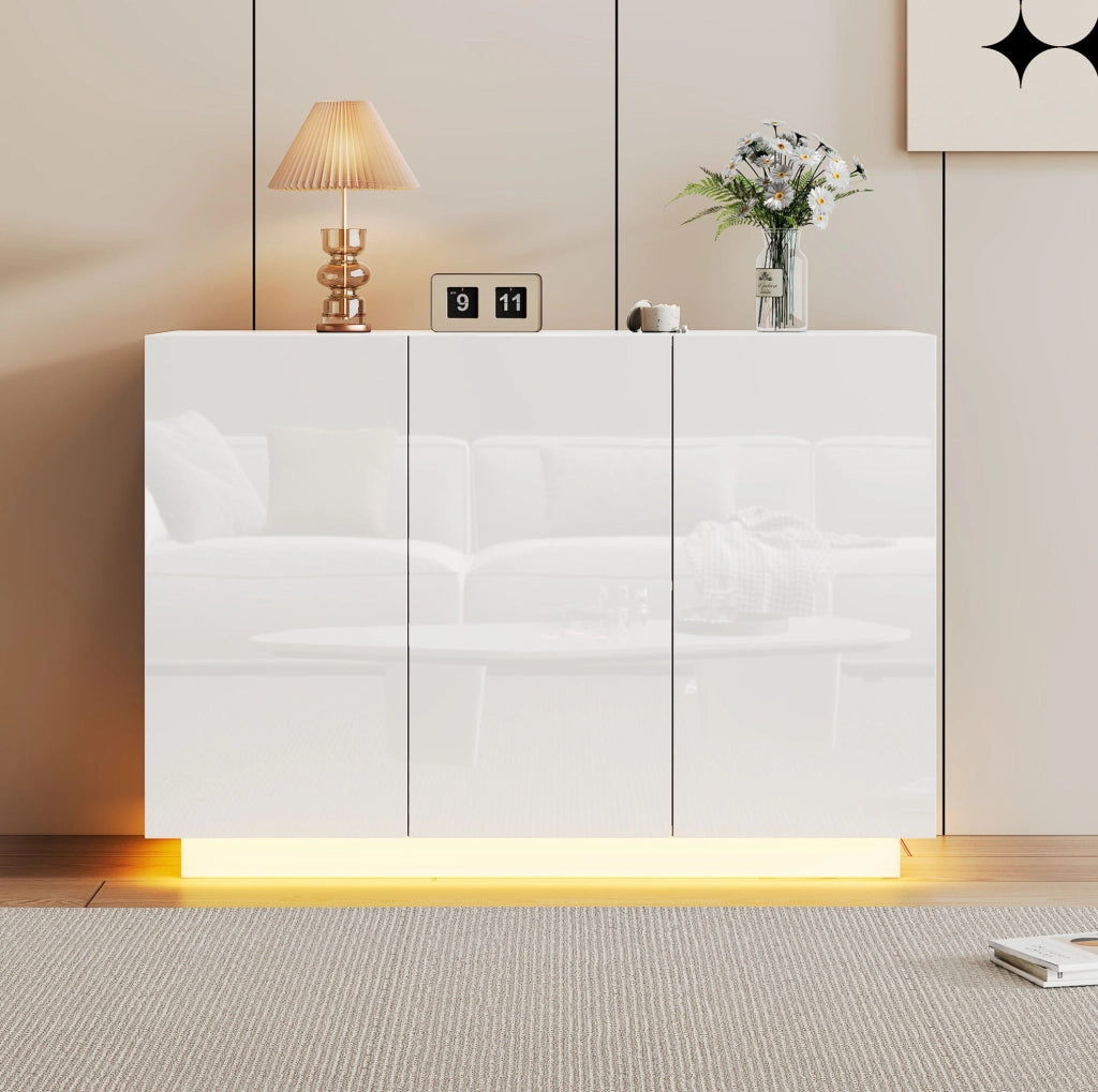 Madia 120x40x75 cm bianca con ante lucide; LED e ripiani regolabili HOMVRA