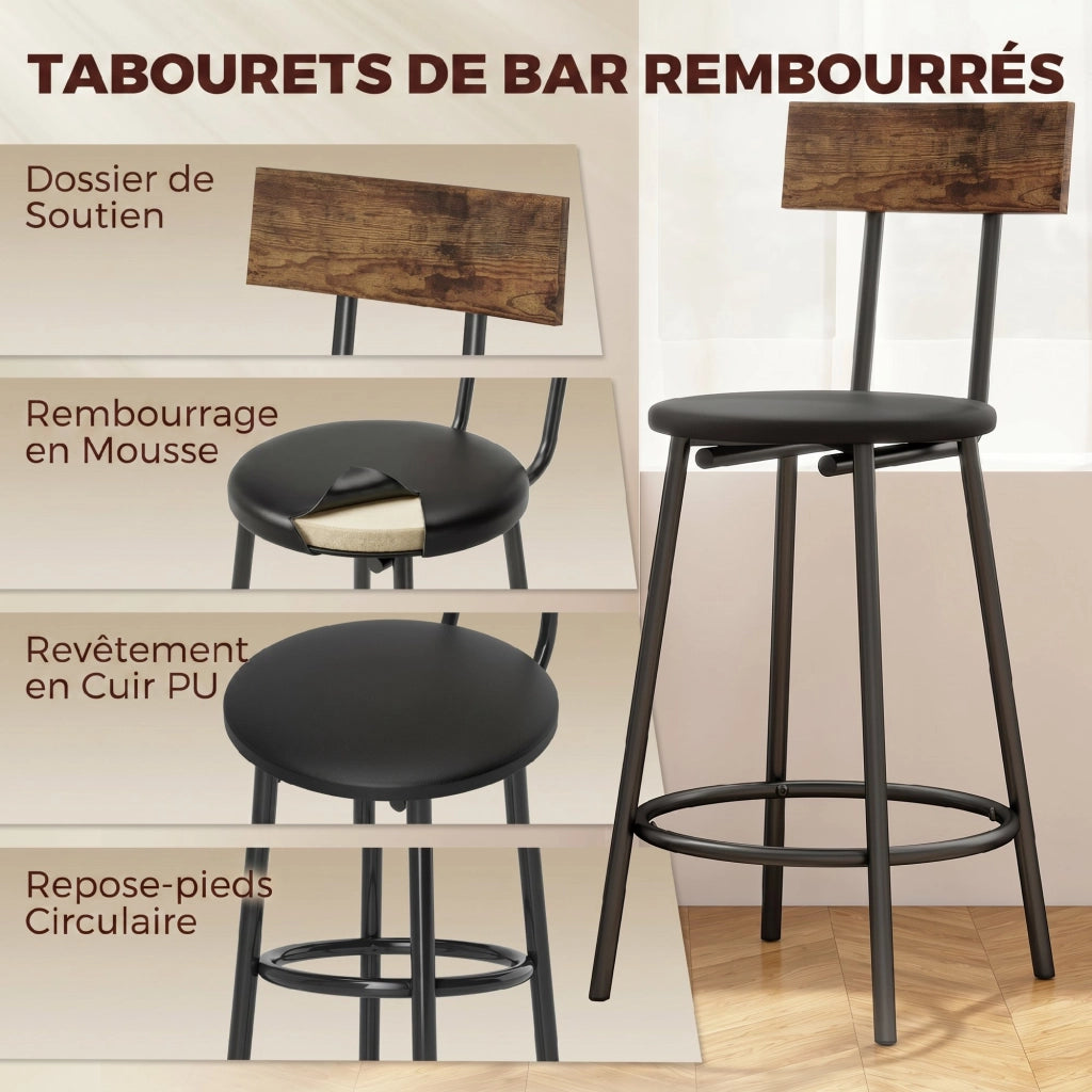 Ensemble Table de Bar avec 2 Tabourets, Table Haute de Cuisine et 2 Chaises de Bar Rembourrées PU, Repose-Pieds, Marron