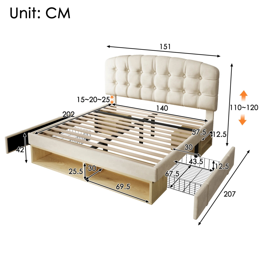 Letto imbottito beige 140x200 cm con cassetti e rete