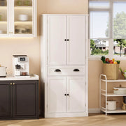 Credenza alta da cucina 80x40x182 cm con 4 ante; cassetto e ripiani regolabili in MDF bianco