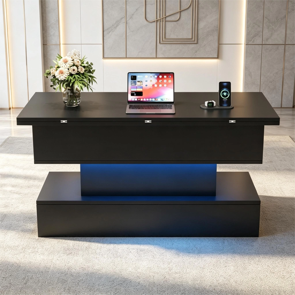 Tavolino da Salotto Sollevabile Nero con Prese USB e LED 100x50x51.5cm