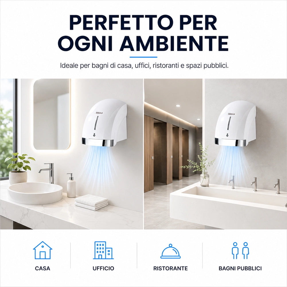 Asciugamani Elettrico Bianco da Hotel Aria Calda a Parete 2000W con Fotocellula
