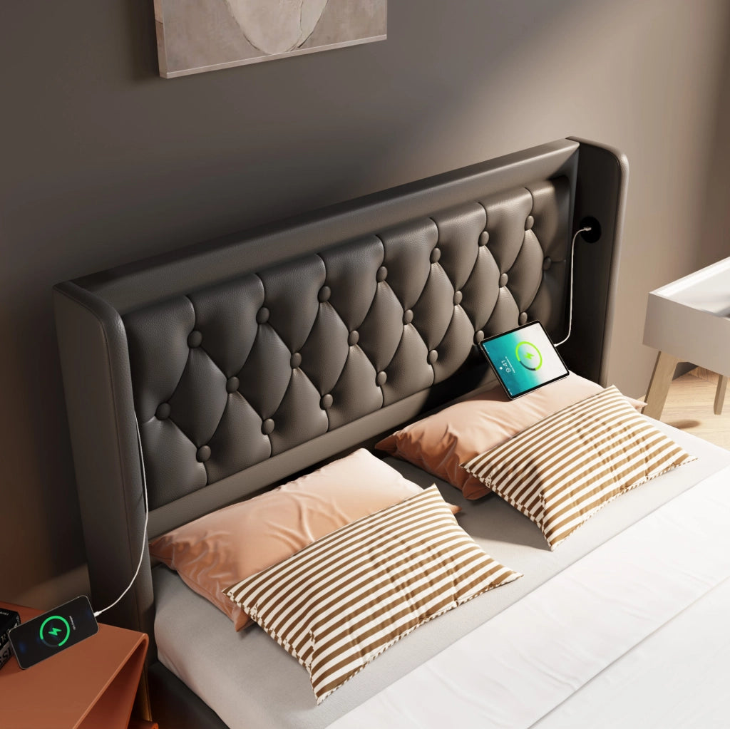 Letto matrimoniale con contenitore, LED e ricarica USB Type-C