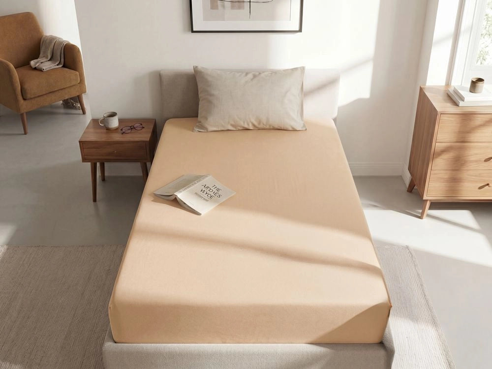 Lenzuolo con angoli cotone beige sabbia 90 x 200 cm con bordi elastici modello classico a tinta unita camera da letto classica