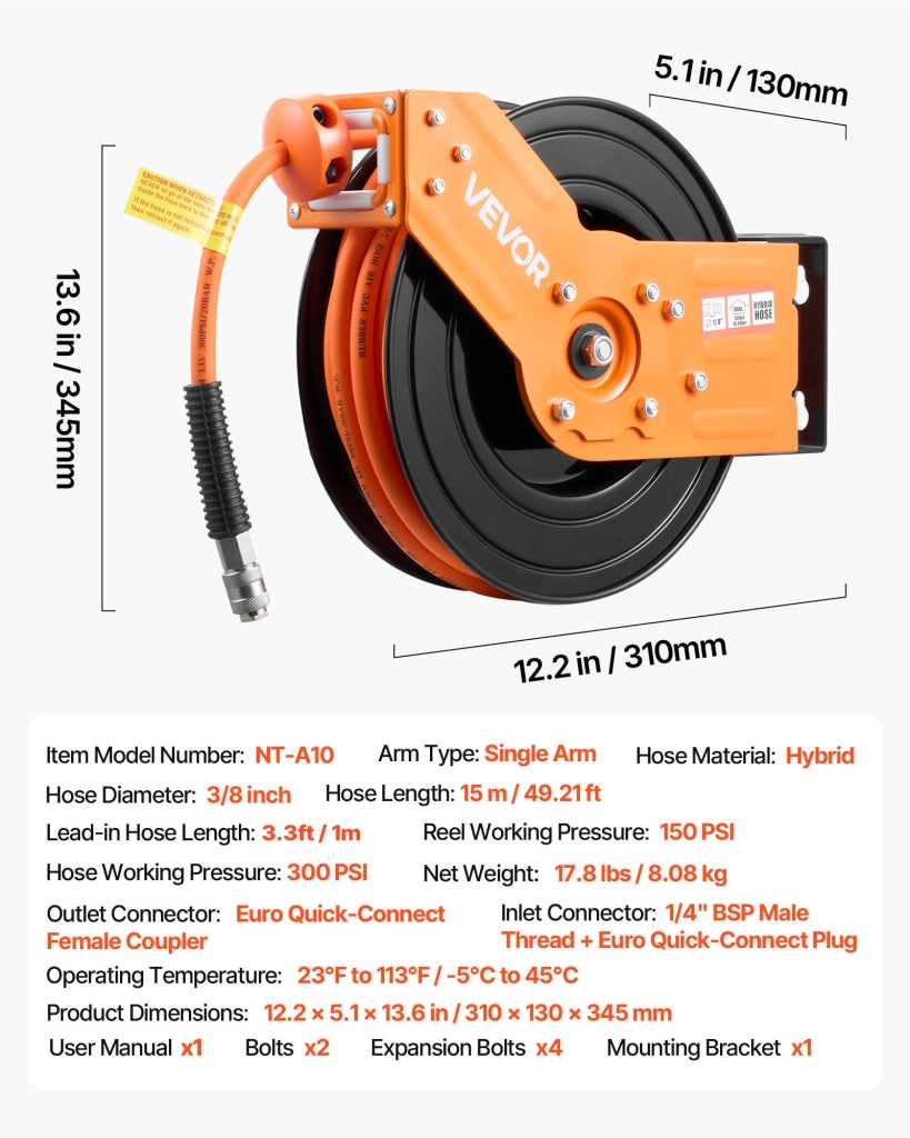Avvolgitubo Automatico per Aria Compressa 15 m x 9,5 mm NT-A10, Pressione 20,7 bar, Montaggio Parete o Soffitto per Officina e Fai da Te