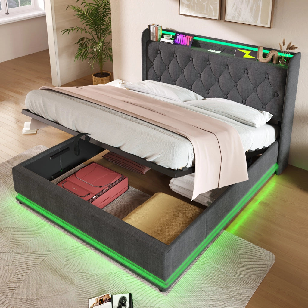 Letto matrimoniale con LED 360°, testiera imbottita e contenitore idraulico
