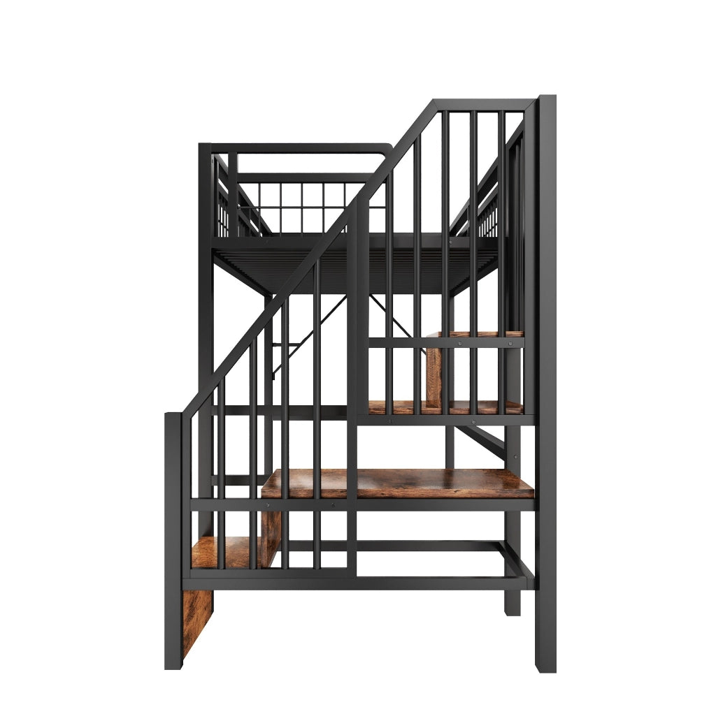 Letto a soppalco 90x200 cm con LED e scale contenitore nero HOMVRA
