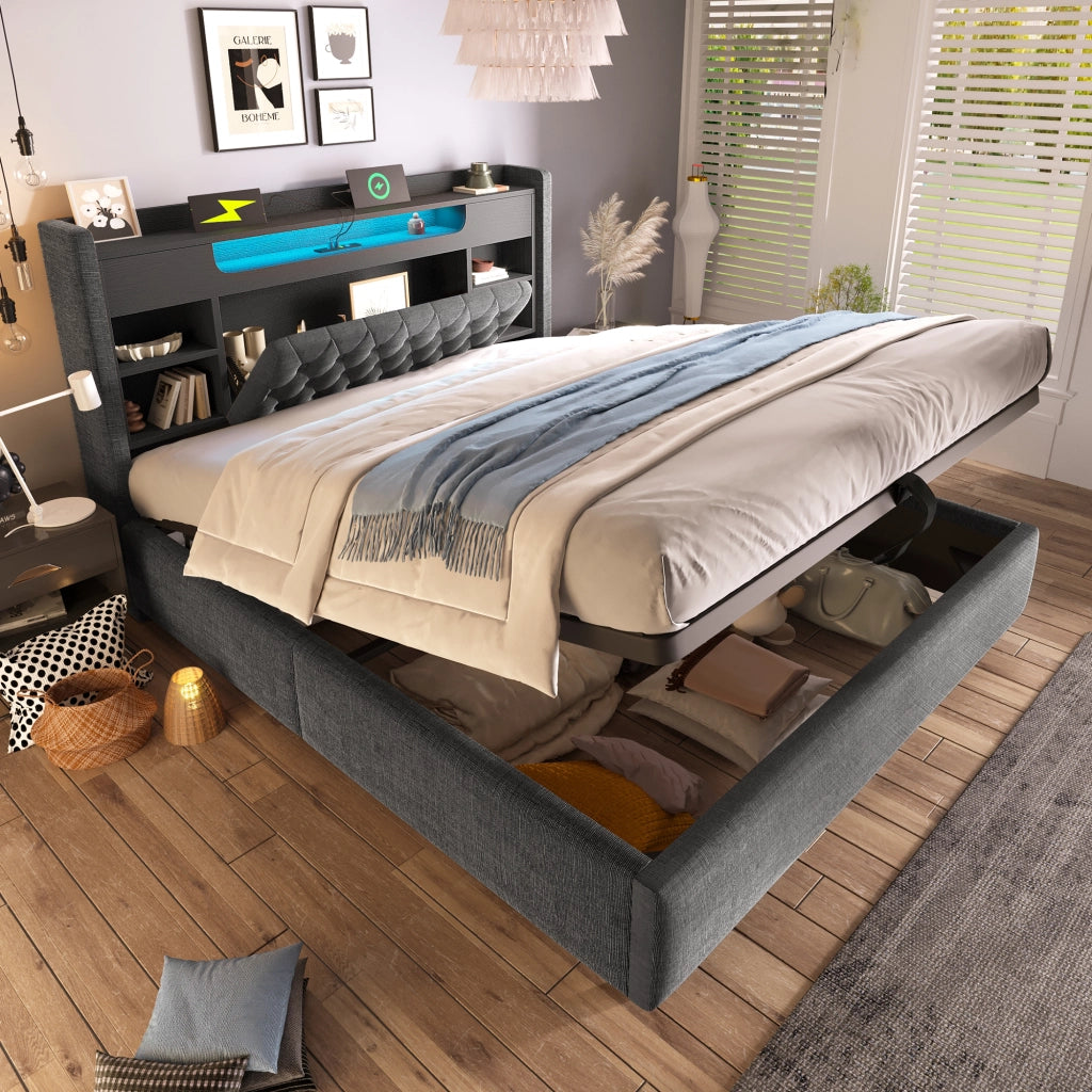 Letto matrimoniale contenitore 180 × 200 cm con LED USB e USB-C in lino grigio con testiera a ripiani