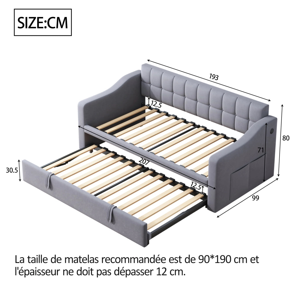 Letto divano estraibile 90×190 e 180×190 cm; 2 posti con porte USB sui braccioli; senza materasso; velluto grigio