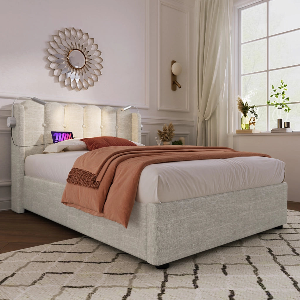 Letto Singolo 90x200 cm; Letto con Contenitore; Luce da Lettura e USB in Lino Beige