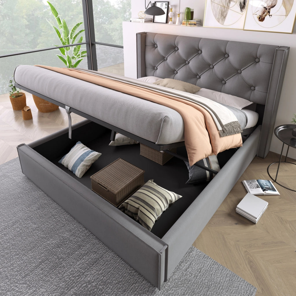 Letto imbottito 160x200 cm grigio con contenitore e rete sollevabile