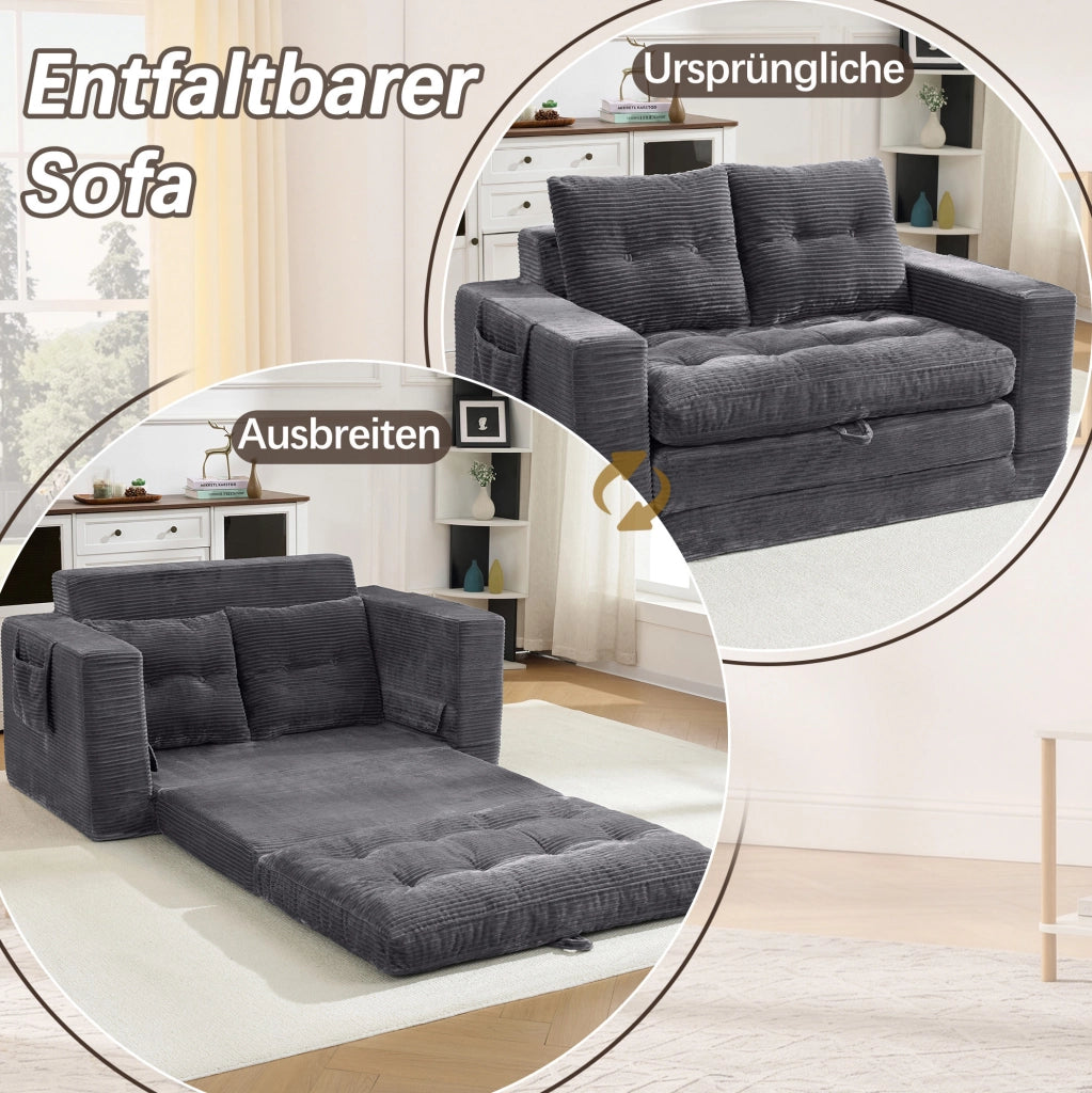 Divano due posti con braccioli larghi, tasche laterali e funzione letto, colore grigio