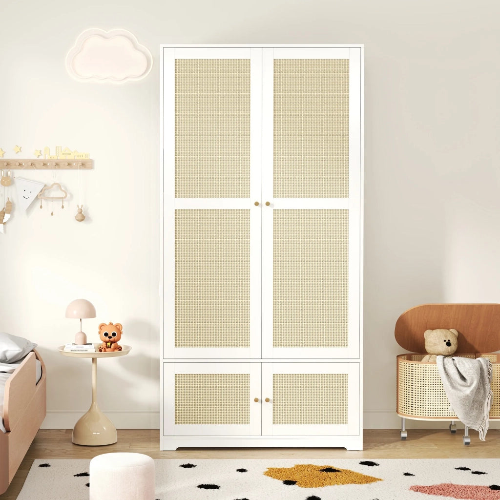 Armadio 2 ante in rattan e MDF, fronte laccato bianco, con appendiabiti e ripiani, 90x48x180 cm