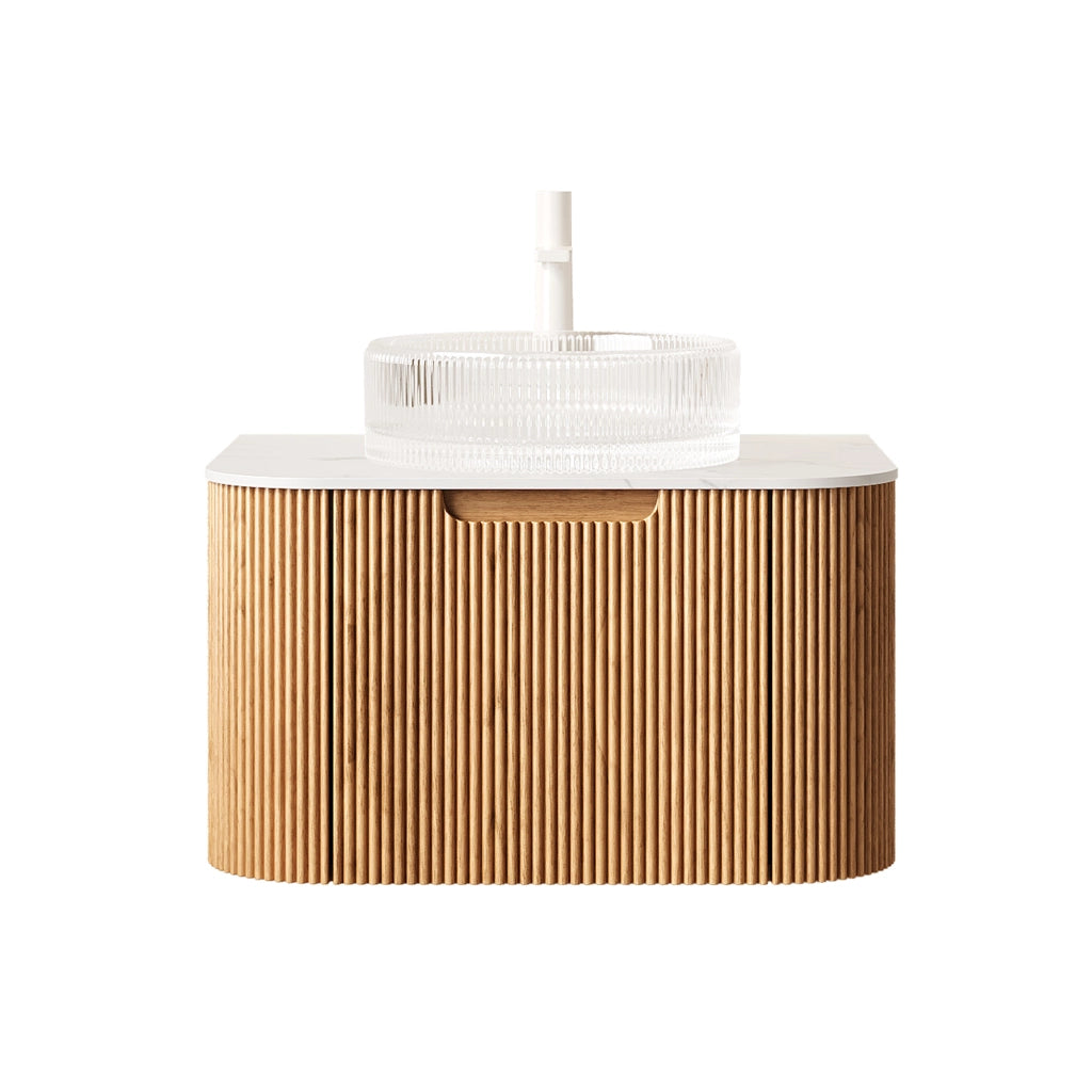 Mobile sottolavabo sospeso con lavabo rotondo in vetro trasparente e cassetto con chiusura ammortizzata per bagno