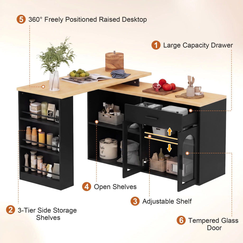 Mobile bar da cucina con piano girevole a 360°, cassetto, ripiani e ante in vetro, nero e rovere, 136 × 50 × 78 cm