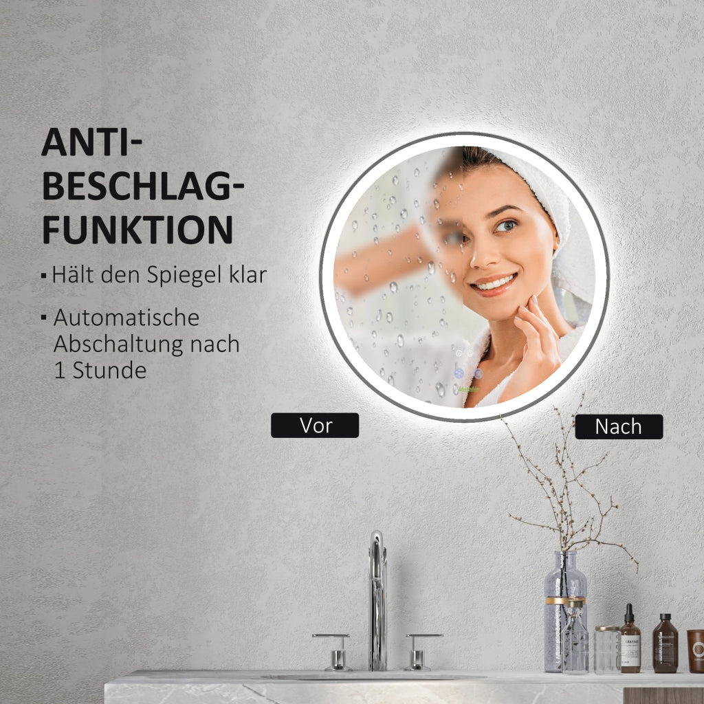 Specchio bagno LED rotondo Ø 60 cm con touch, 3 colori di luce, antiappannamento e cornice in alluminio bianca
