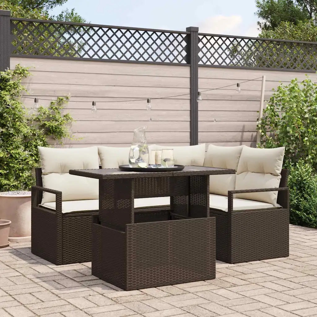 Set Divano da Giardino con cuscino 5 pcs Marrone Poly Rattan