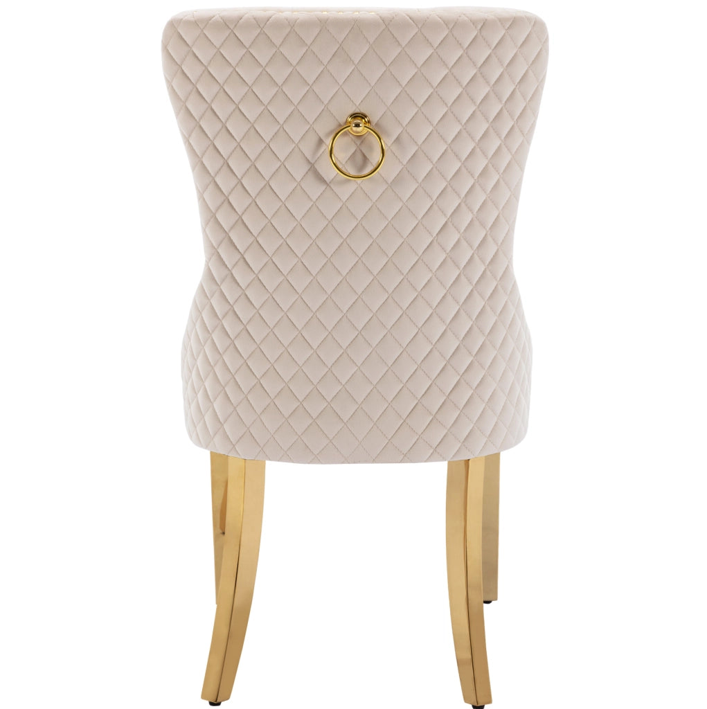 Sedia da pranzo imbottita in velluto beige con gambe in acciaio inox dorato