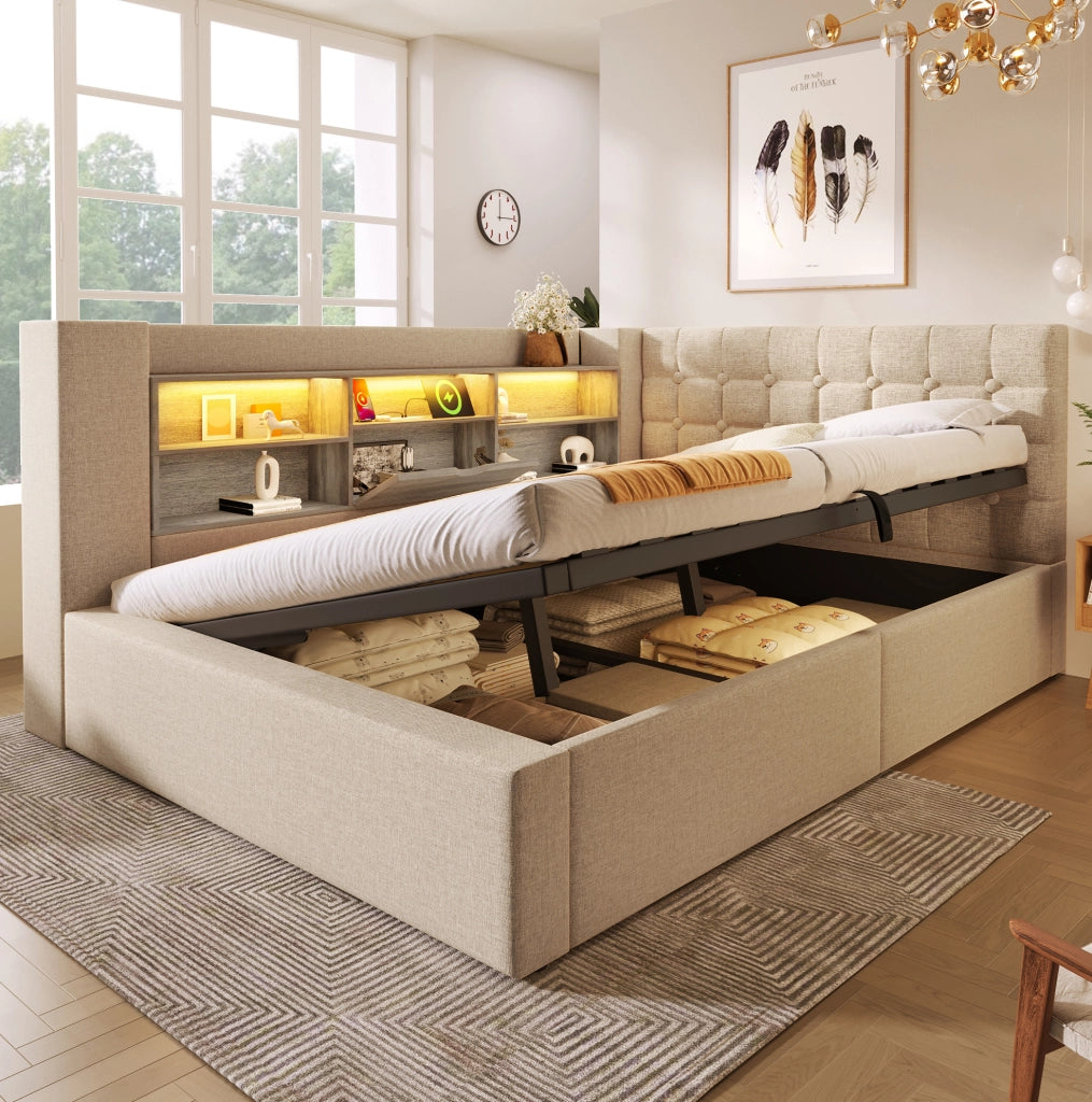 Letto imbottito 140x200 cm beige con LED, prese USB, contenitore idraulico e testiera reversibile