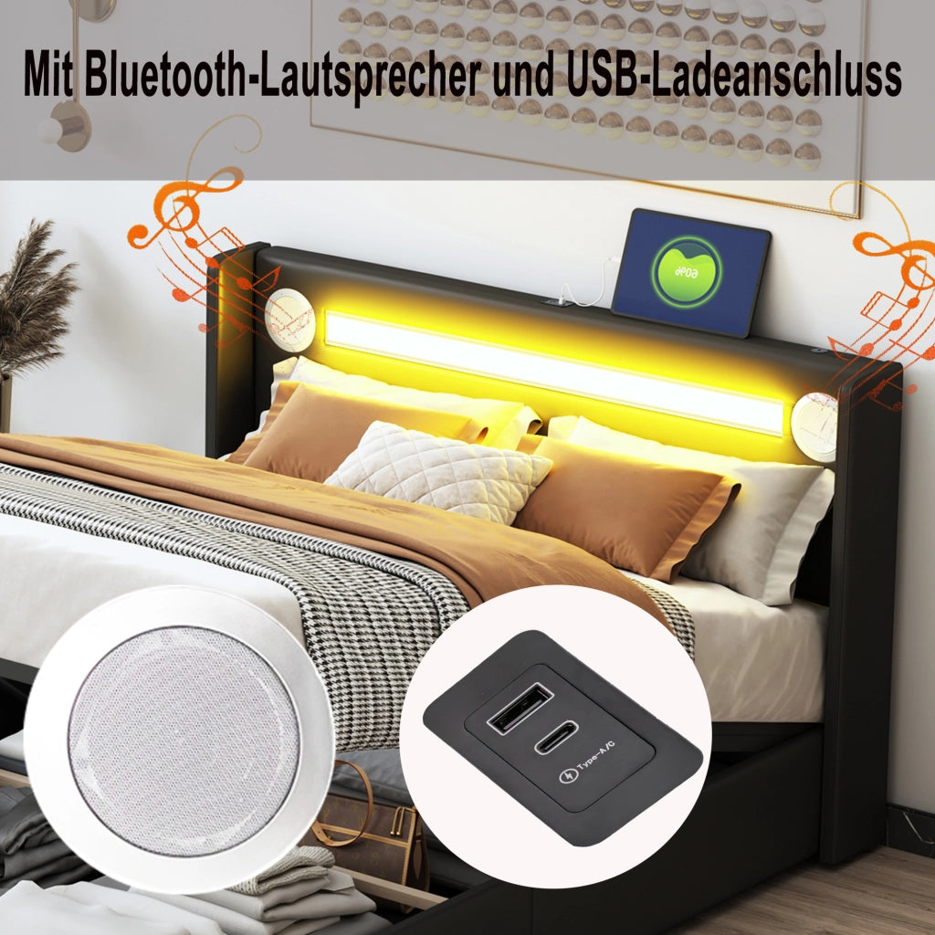 LETTO MATRIMONIALE 160x200 cm in PU nero con LED, Bluetooth e 2 porte USB