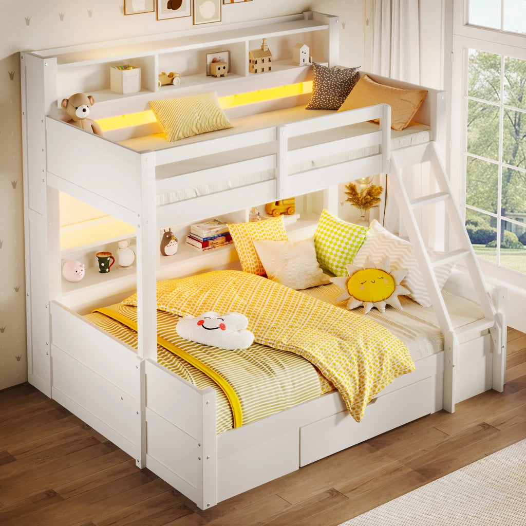 Letto a castello 3 posti 90×200 cm e 140×200 cm con LED; cassetto e vani aperti; senza materasso; bianco