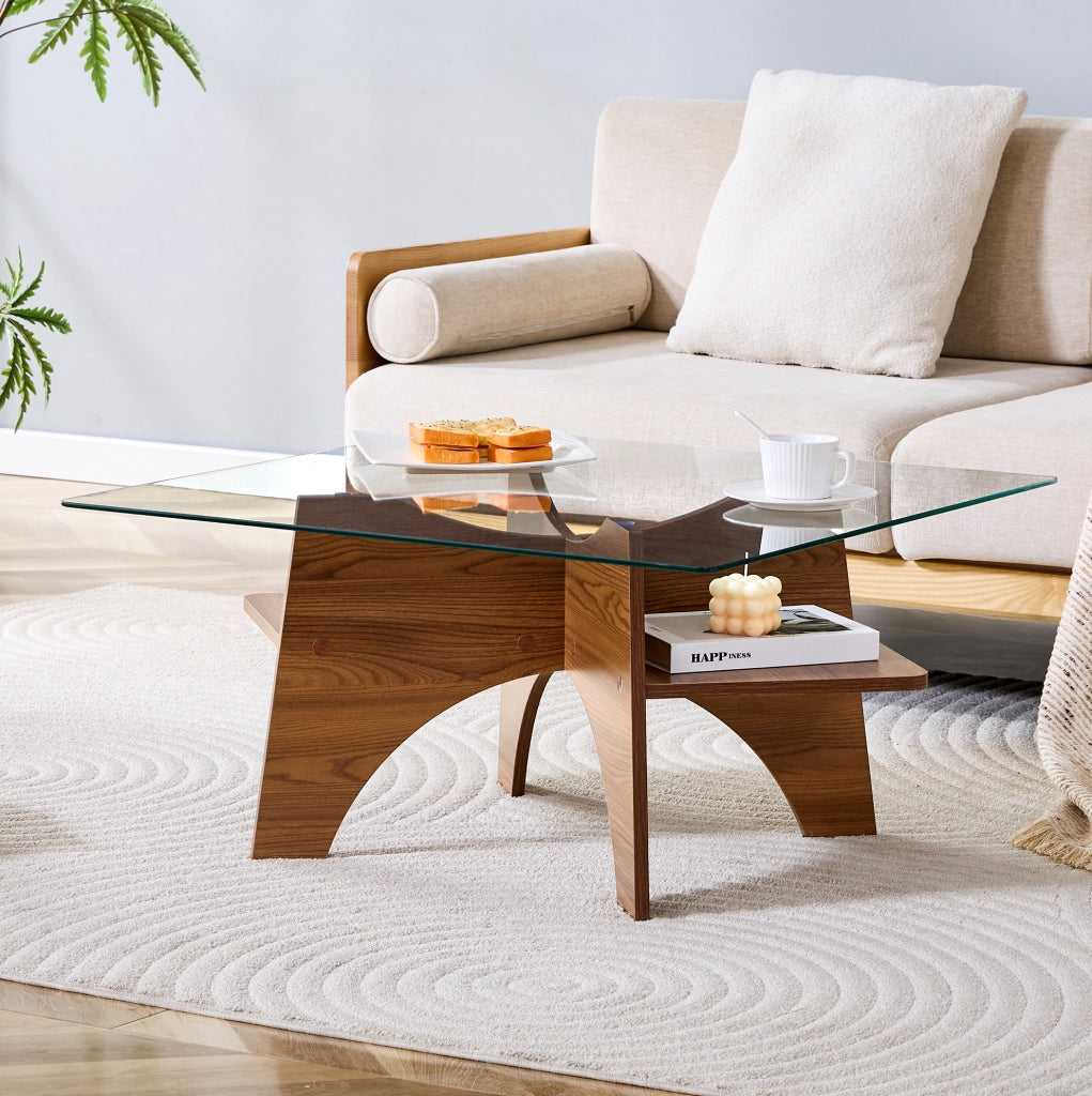 Tavolino Quadrato Moderno in Vetro di Sicurezza con Struttura in MDF Effetto Noce, 80x40 cm