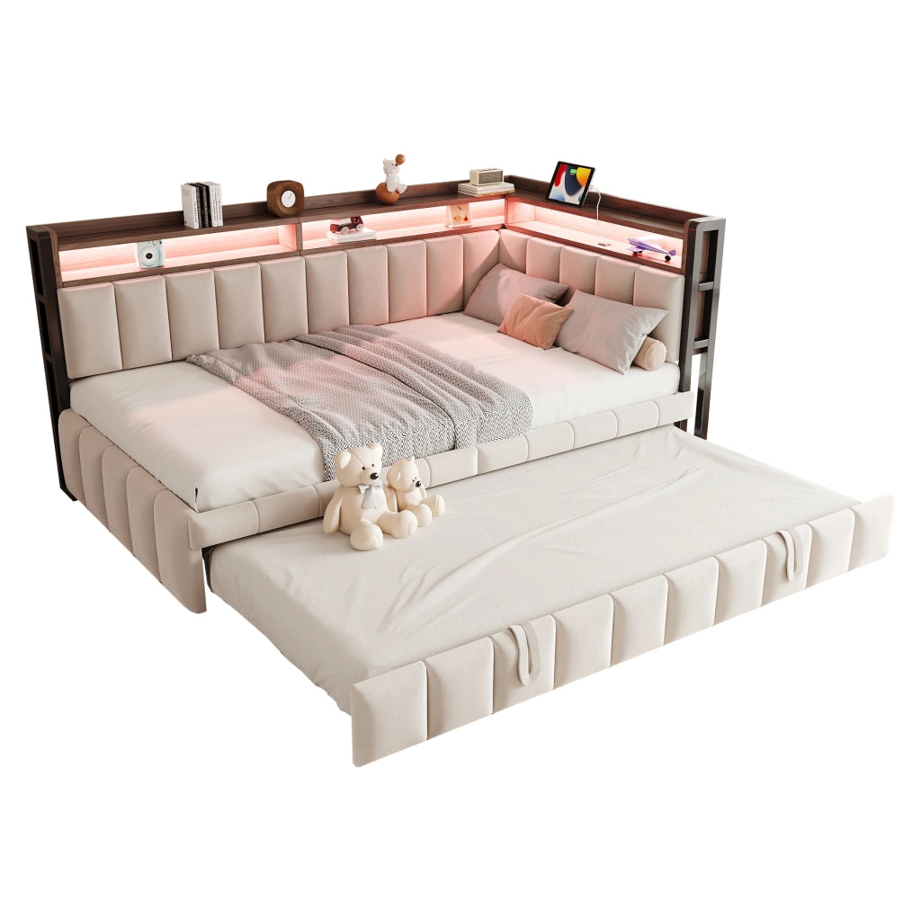 Letto estraibile 2 posti 90 x 200 e 90 x 190 cm con LED e USB/USB-C, divano letto in velluto beige con vani integrati