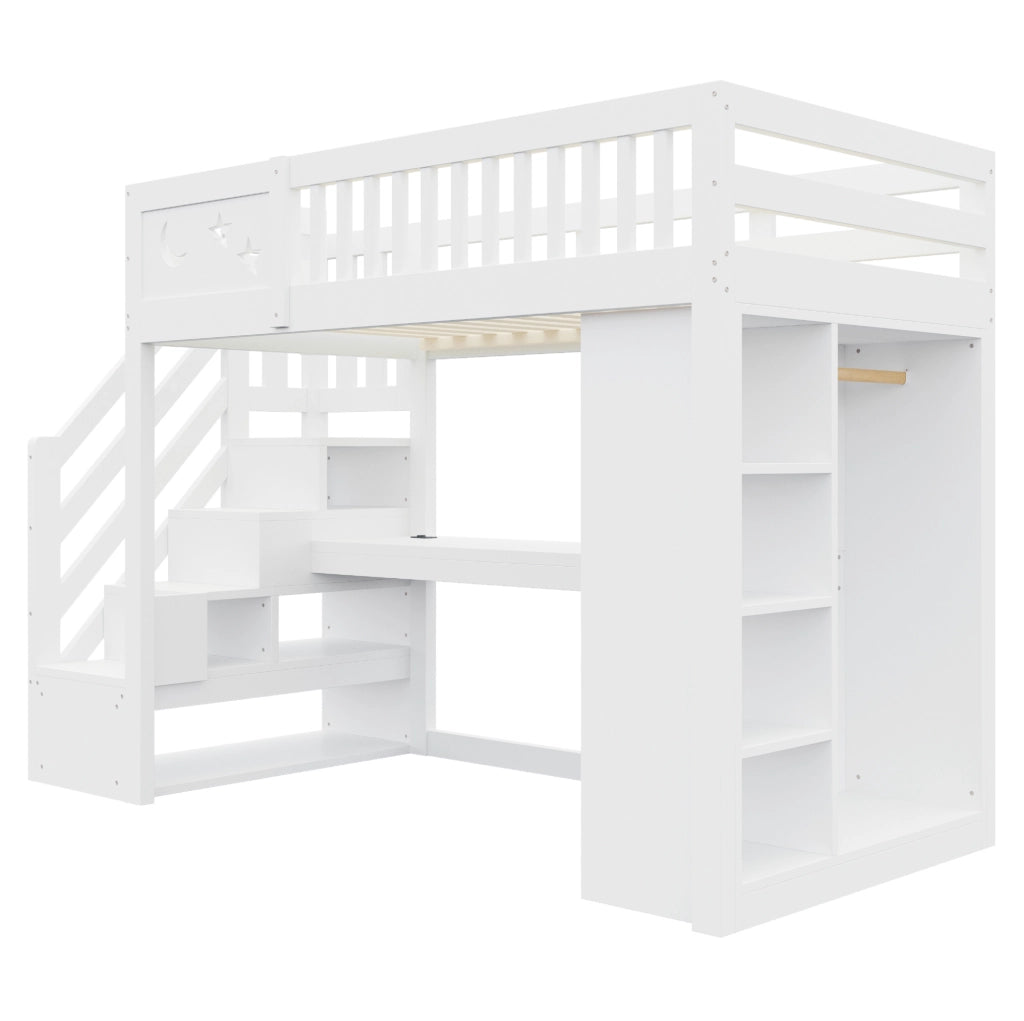 Letto a soppalco ULEVR 90x200 cm con scrivania, LED, prese e scala contenitore, bianco e colore legno