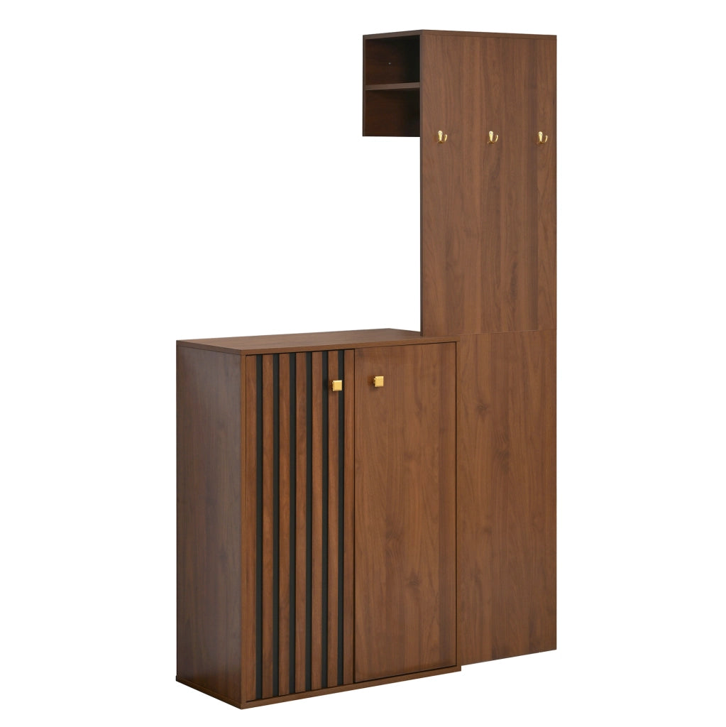DESMIU Compact Garderobe aus MDF in Nussbaum mit Schuhschrank, Kleiderstange und Haken, 115x38,5x191,5 cm
