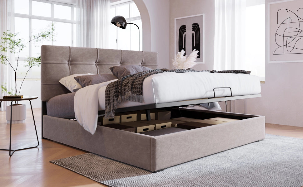 Letto matrimoniale imbottito 140 ¡Á 200 cm con contenitore testiera regolabile in velluto grigio chiaro