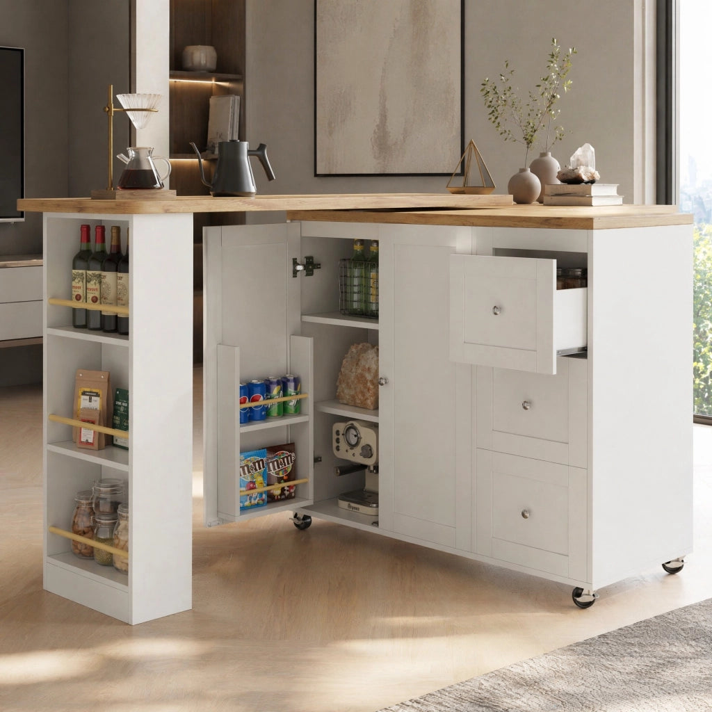 Mobile bar girevole 360° con ruote, tre cassetti, due ante e snack regale in MDF bianco per cucina e soggiorno