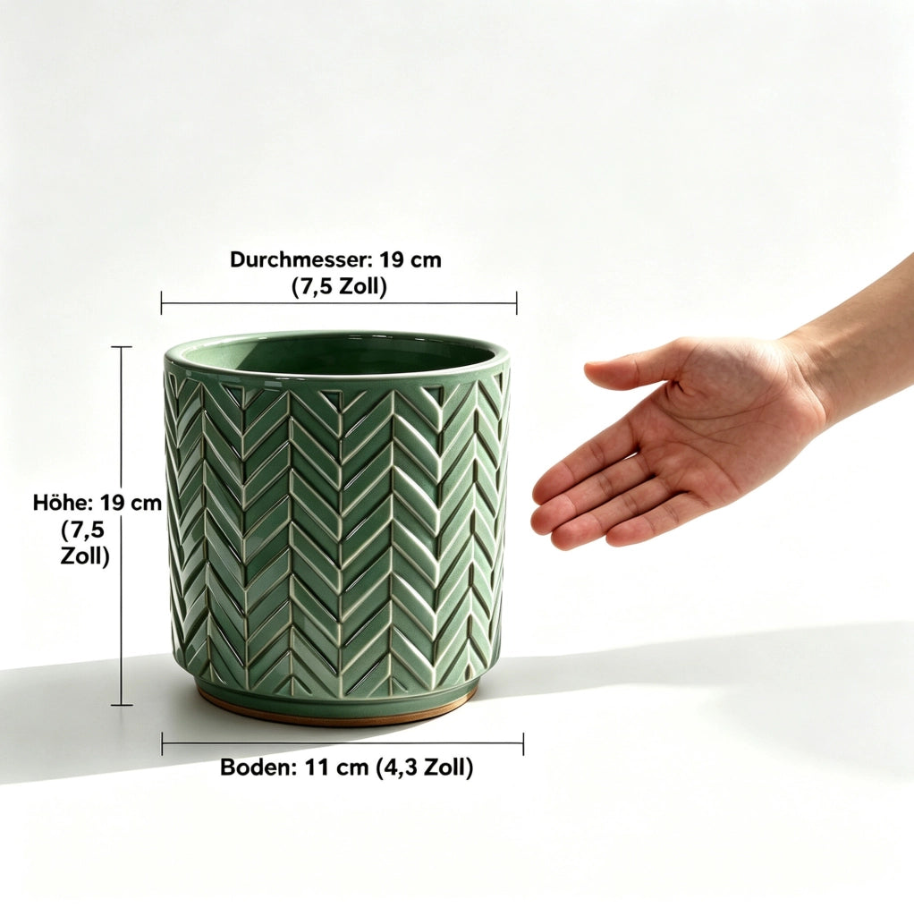 Vaso in ceramica mini Ø20 cm verde salvia lucido con rilievo a spina di pesce e foro di drenaggio