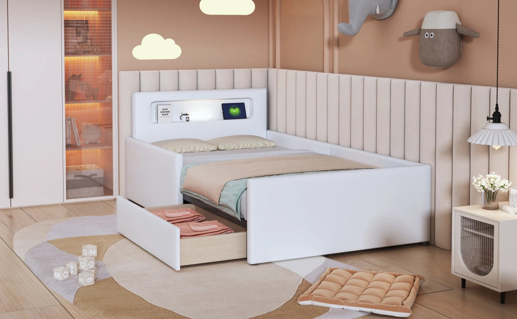 Letto singolo imbottito per bambini 90 × 200 cm con luce notturna USB cassetti e sponde rialzate bianco