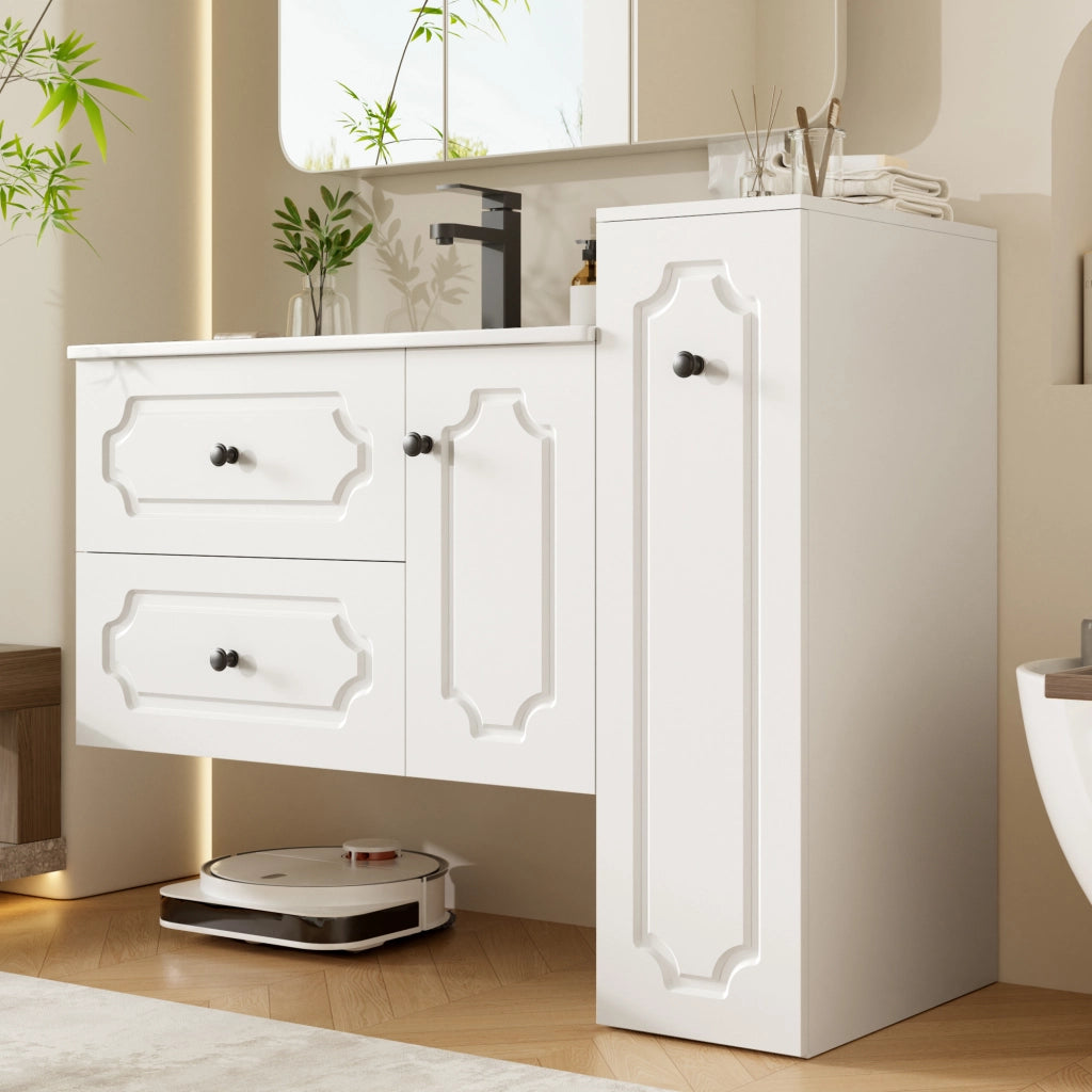 Desviae Mobile da bagno sospeso con lavabo in ceramica due cassetti e colonna laterale bianco 107 × 47,5 × 90,5 cm