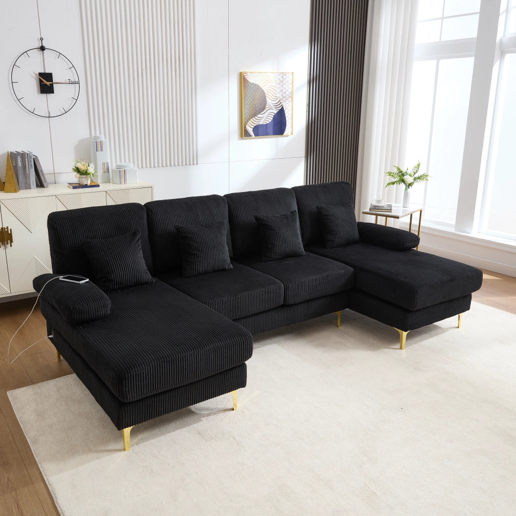 Divano a U con LED e porta USB; 265x135x88 cm; in velluto nero