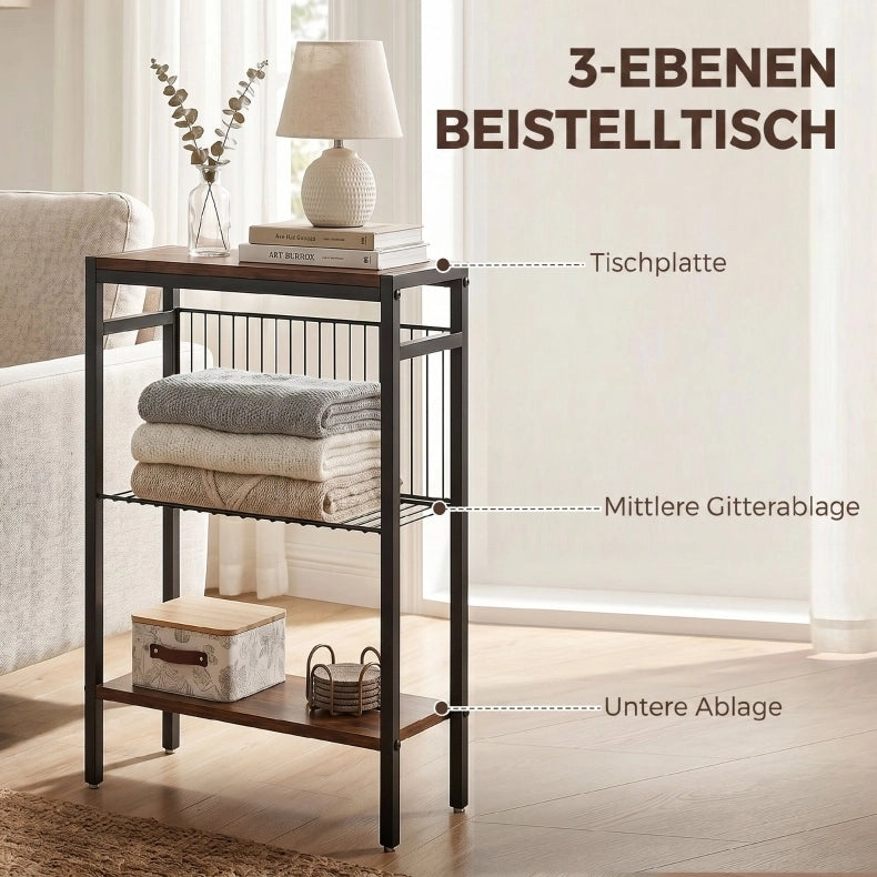 Tavolino ULEVR 43x18x62,5 cm con 3 ripiani, struttura in metallo e finitura marrone rustico