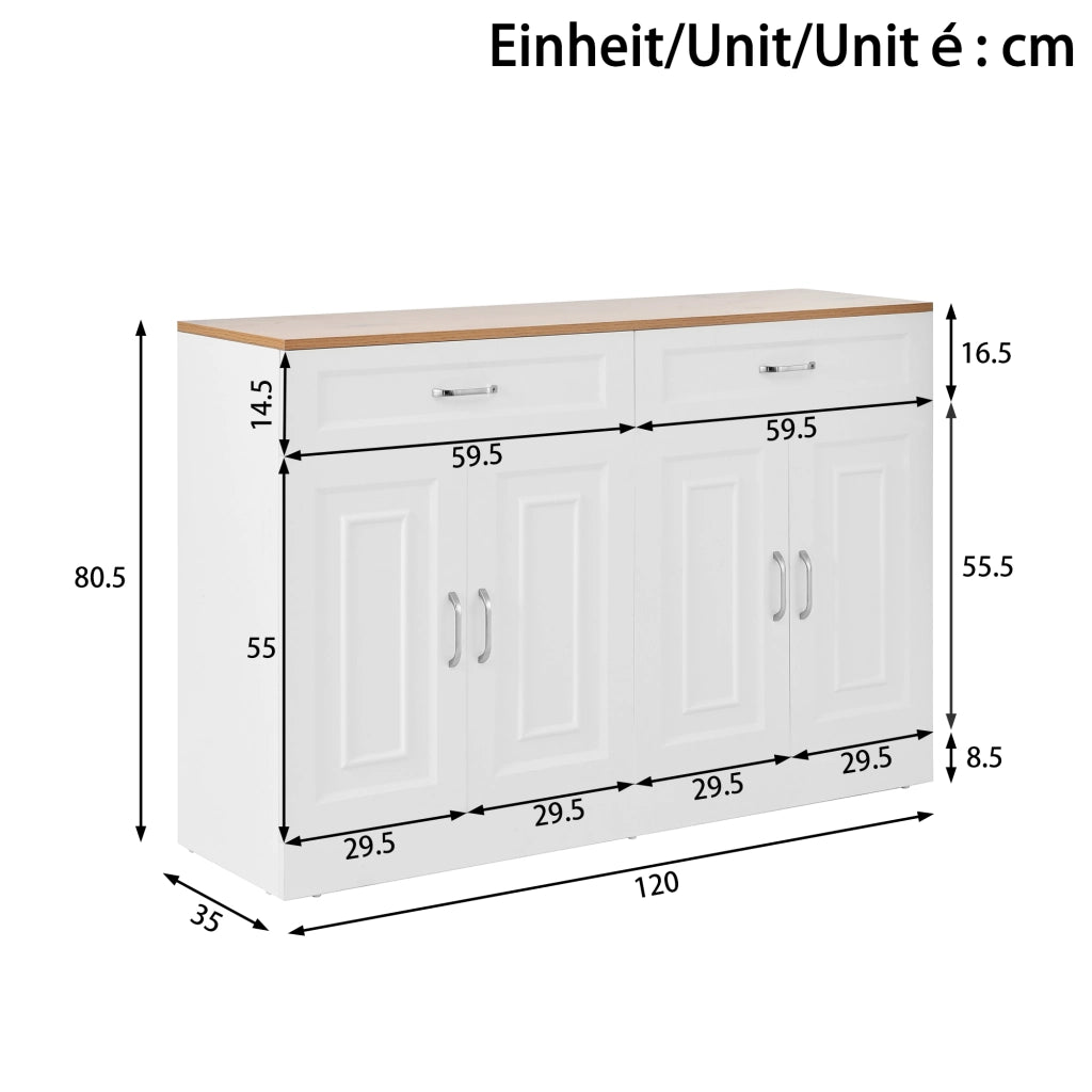 Credenza 120 x 35 x 80,5 cm, 4 ante + 2 cassetti, 2 ripiani regolabili, bianco, cucina